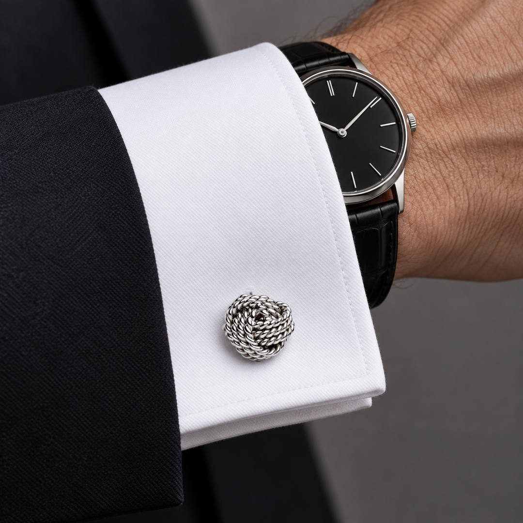Sterling Silver Woven Love Knot Cufflinks with Rhodium Plating – High-Polish Solid Stem Men’s Cufflinks