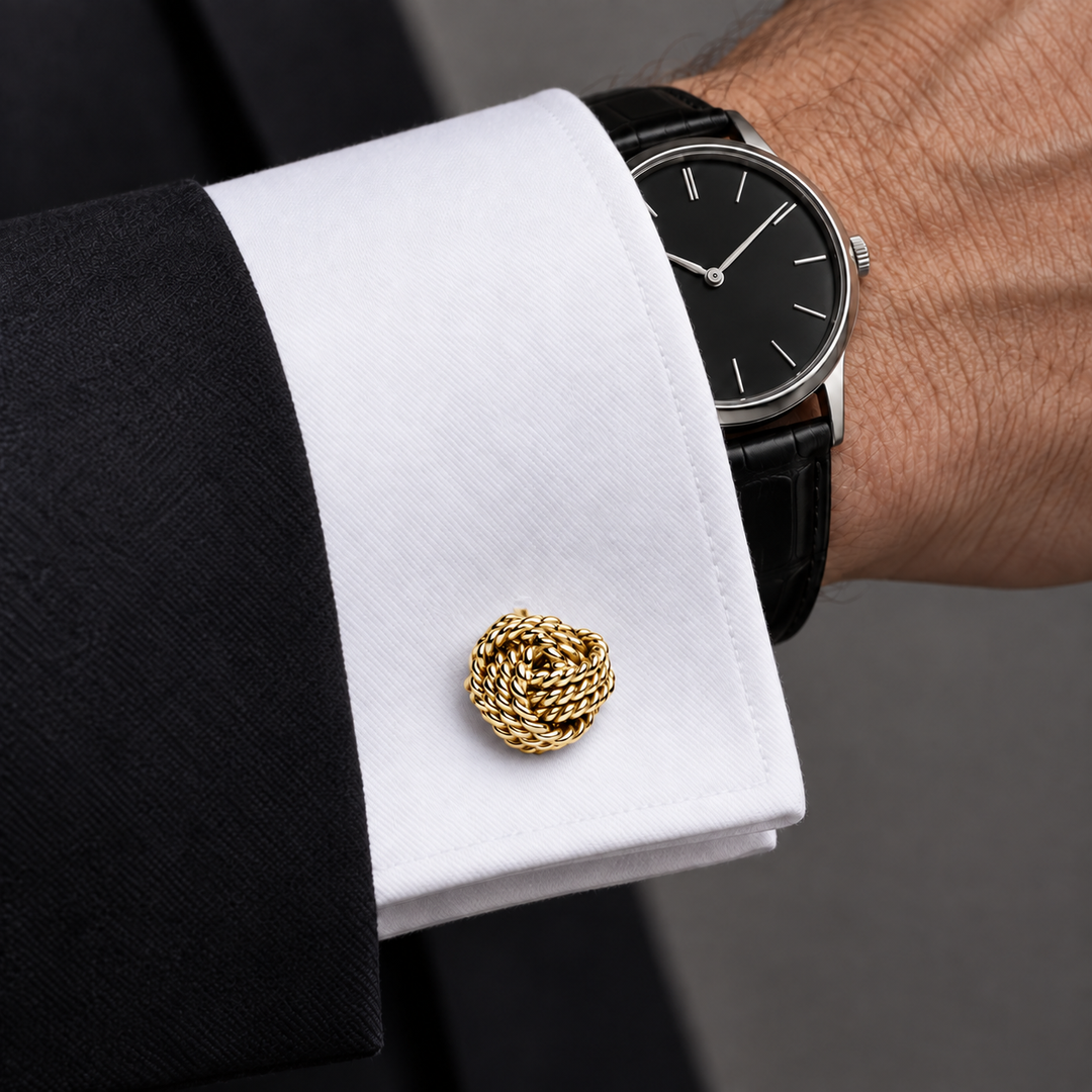 14K Yellow Gold-Plated Sterling Silver Woven Love Knot Cufflinks – High-Polish Solid Stem Men’s Cufflinks