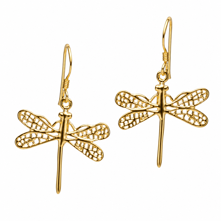 14K Yellow Gold-Plated Sterling Silver Openwork Dragonfly Dangle Earrings – 1.5-Inch Fishhook Earrings