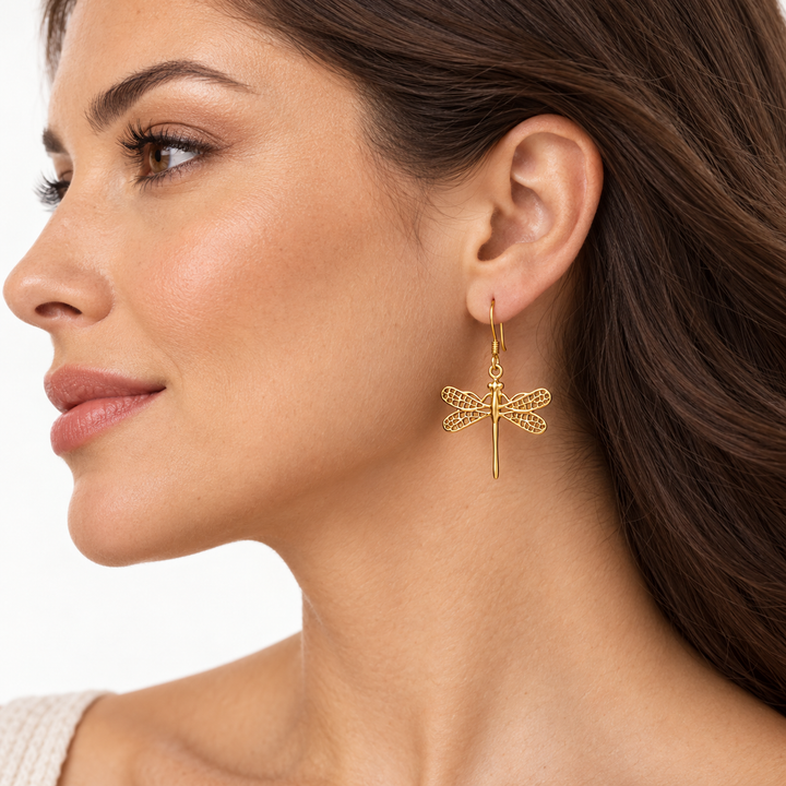 14K Yellow Gold-Plated Sterling Silver Openwork Dragonfly Dangle Earrings – 1.5-Inch Fishhook Earrings