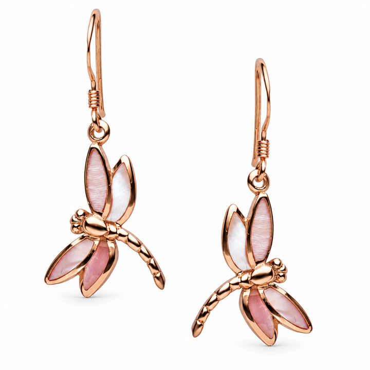 Pale Pink Mother-of-Pearl Dragonfly Drop Earrings in 14K Rose Gold-Plated Sterling Silver – 1.33-Inch Fishhook Earrings