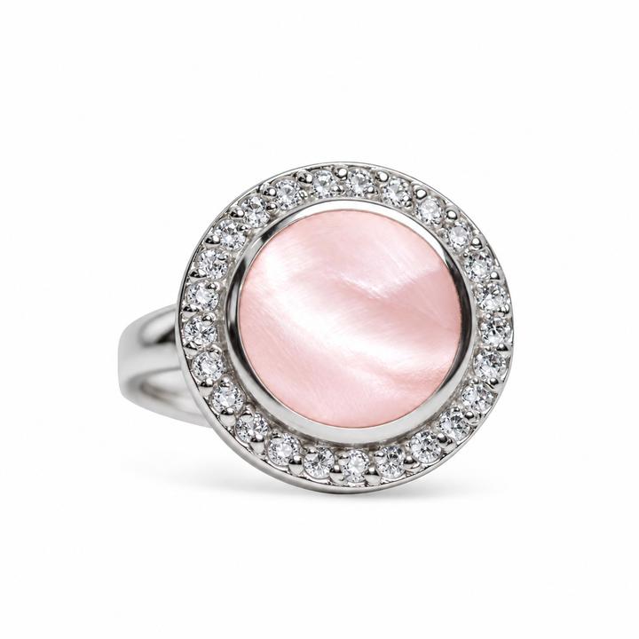 Hand-Cut Pink Mother of Pearl Halo Ring with Diamond Simulants in Rhodium-Plated Sterling Silver – 17.5 mm