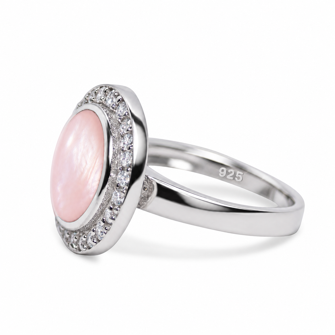 Hand-Cut Pink Mother of Pearl Halo Ring with Diamond Simulants in Rhodium-Plated Sterling Silver – 17.5 mm