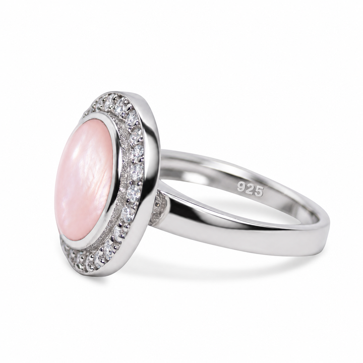 Hand-Cut Pink Mother of Pearl Halo Ring with Diamond Simulants in Rhodium-Plated Sterling Silver – 17.5 mm