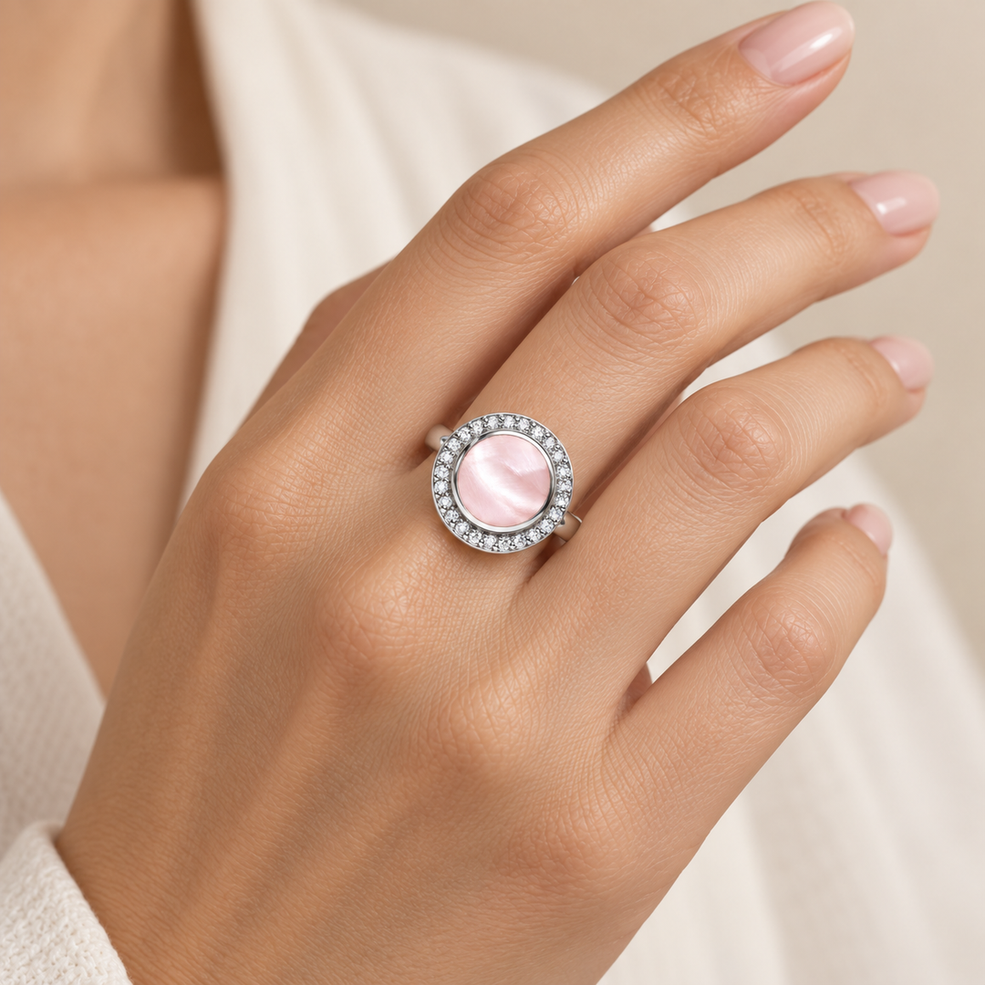 Hand-Cut Pink Mother of Pearl Halo Ring with Diamond Simulants in Rhodium-Plated Sterling Silver – 17.5 mm