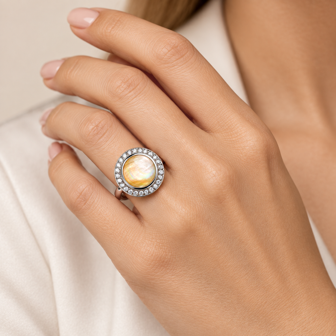 Hand-Cut Gold Mother of Pearl Halo Ring with Diamond Simulants in Rhodium-Plated Sterling Silver – 17 mm