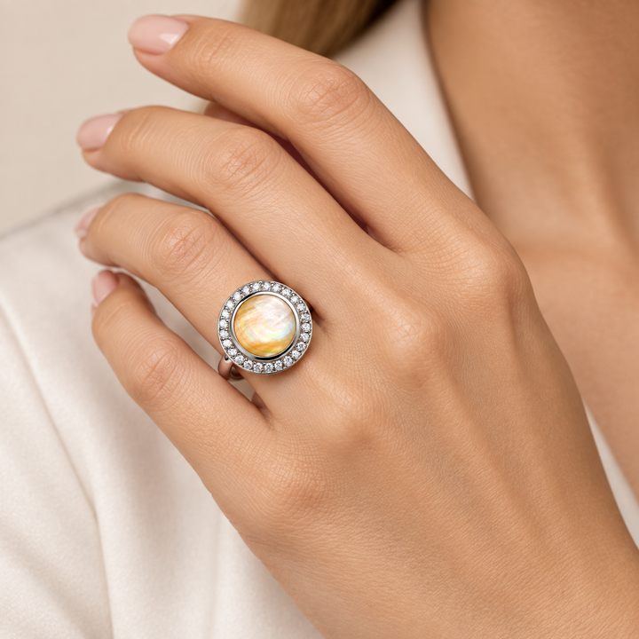 Hand-Cut Gold Mother of Pearl Halo Ring with Diamond Simulants in Rhodium-Plated Sterling Silver – 17 mm