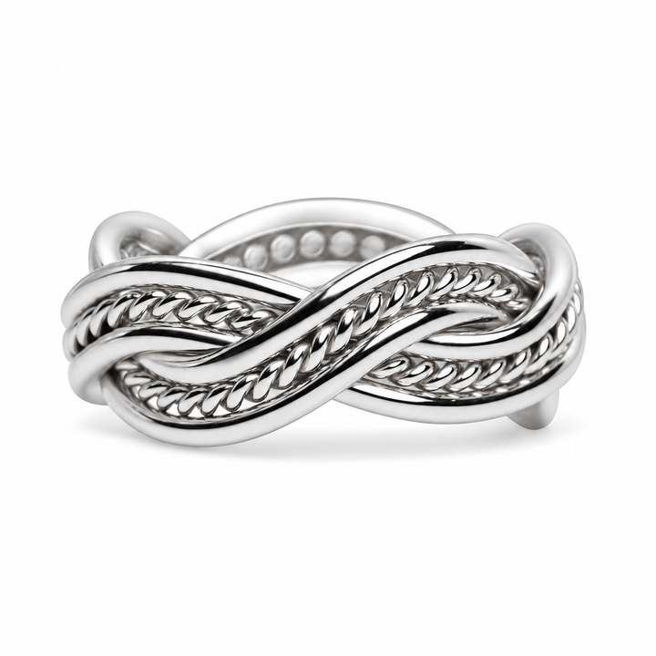 Rhodium-Plated Sterling Silver Double Twist Ring – Polished Braided Infinity-Style Band, 0.30 Inch Wide