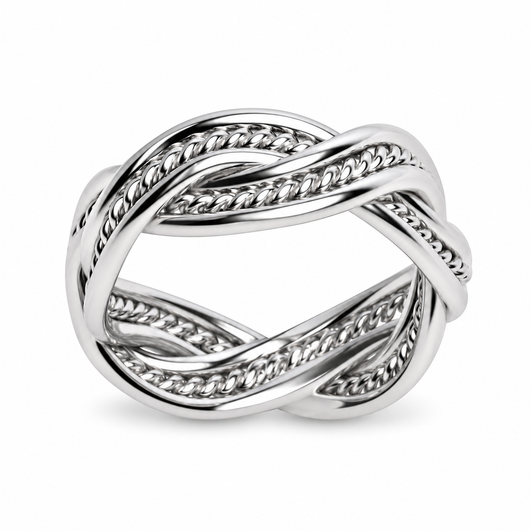 Rhodium-Plated Sterling Silver Double Twist Ring – Polished Braided Infinity-Style Band, 0.30 Inch Wide