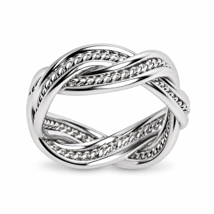 Rhodium-Plated Sterling Silver Double Twist Ring – Polished Braided Infinity-Style Band, 0.30 Inch Wide
