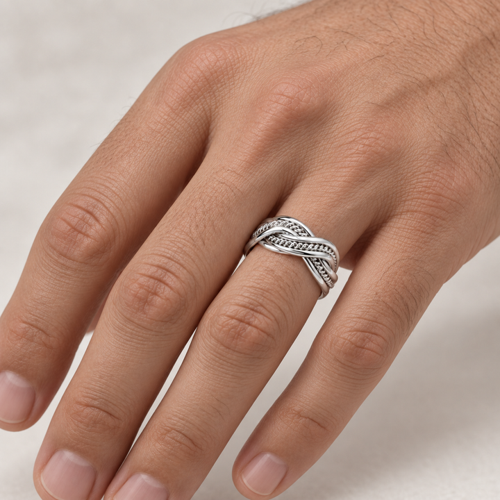 Rhodium-Plated Sterling Silver Double Twist Ring – Polished Braided Infinity-Style Band, 0.30 Inch Wide