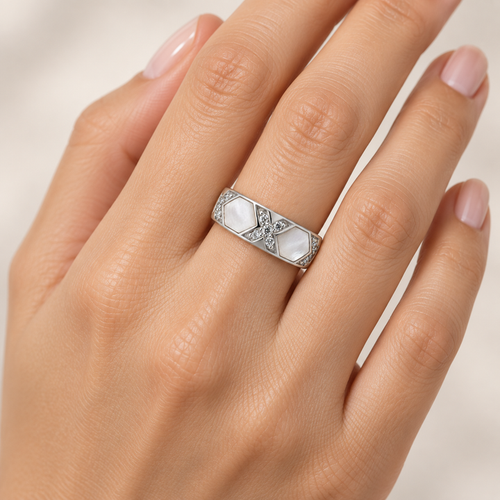 White Mother of Pearl and Cubic Zirconia Ring in Rhodium-Plated Sterling Silver – 15-Stone Geometric Band