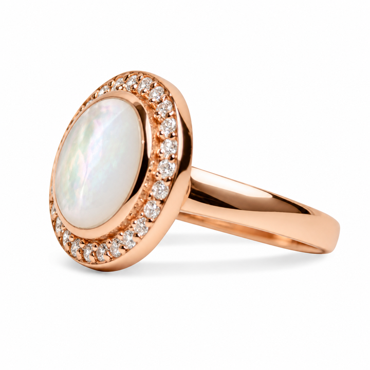 White Mother of Pearl Halo Ring with Diamond Simulants in 18K Rose Gold-Plated Sterling Silver – 17mm Round