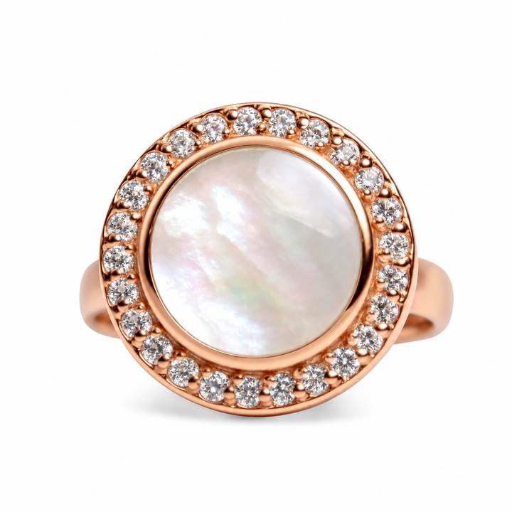 White Mother of Pearl Halo Ring with Diamond Simulants in 18K Rose Gold-Plated Sterling Silver – 17mm Round