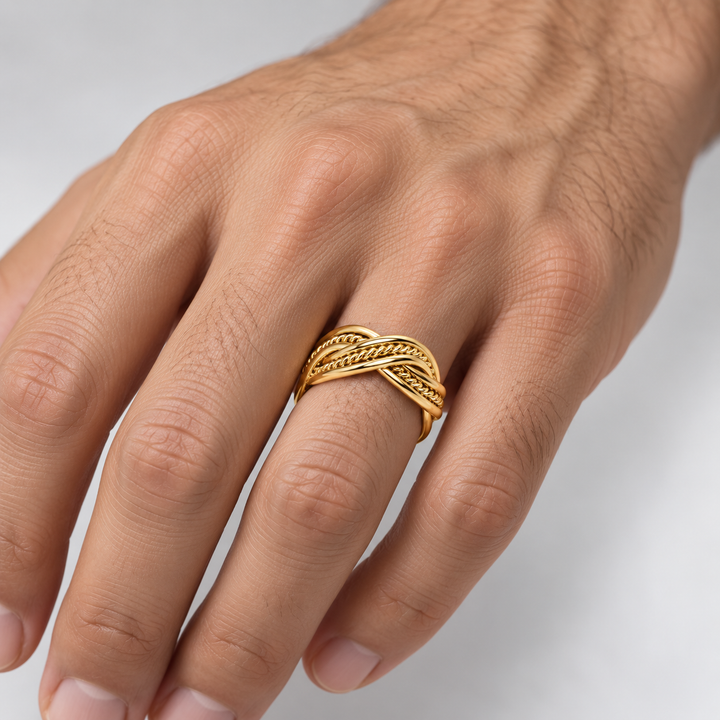 18K Yellow Gold Over Sterling Silver Double Twist Braided Ring – 0.31 Inch Wide Woven Statement Band