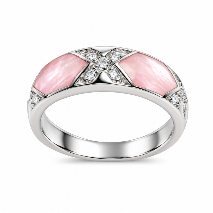 Pink Mother of Pearl and Cubic Zirconia Sterling Silver Ring – Rhodium-Plated 0.25 Inch Wide Band