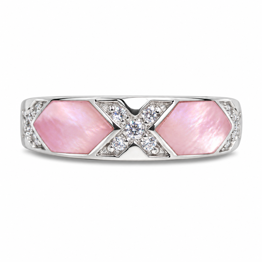 Pink Mother of Pearl and Cubic Zirconia Sterling Silver Ring – Rhodium-Plated 0.25 Inch Wide Band