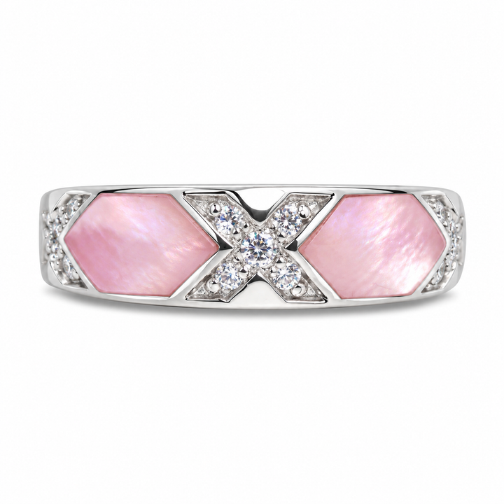 Pink Mother of Pearl and Cubic Zirconia Sterling Silver Ring – Rhodium-Plated 0.25 Inch Wide Band
