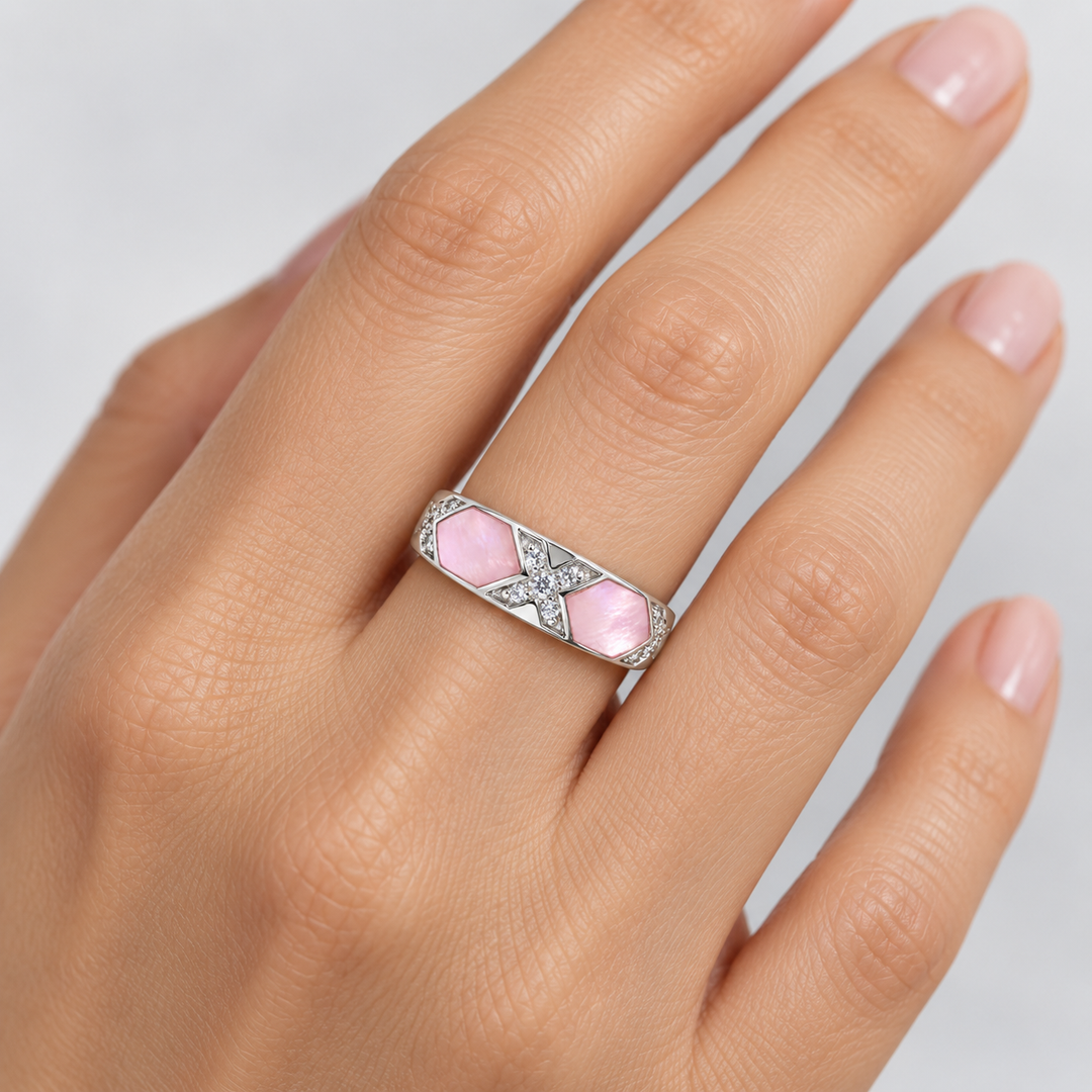 Pink Mother of Pearl and Cubic Zirconia Sterling Silver Ring – Rhodium-Plated 0.25 Inch Wide Band