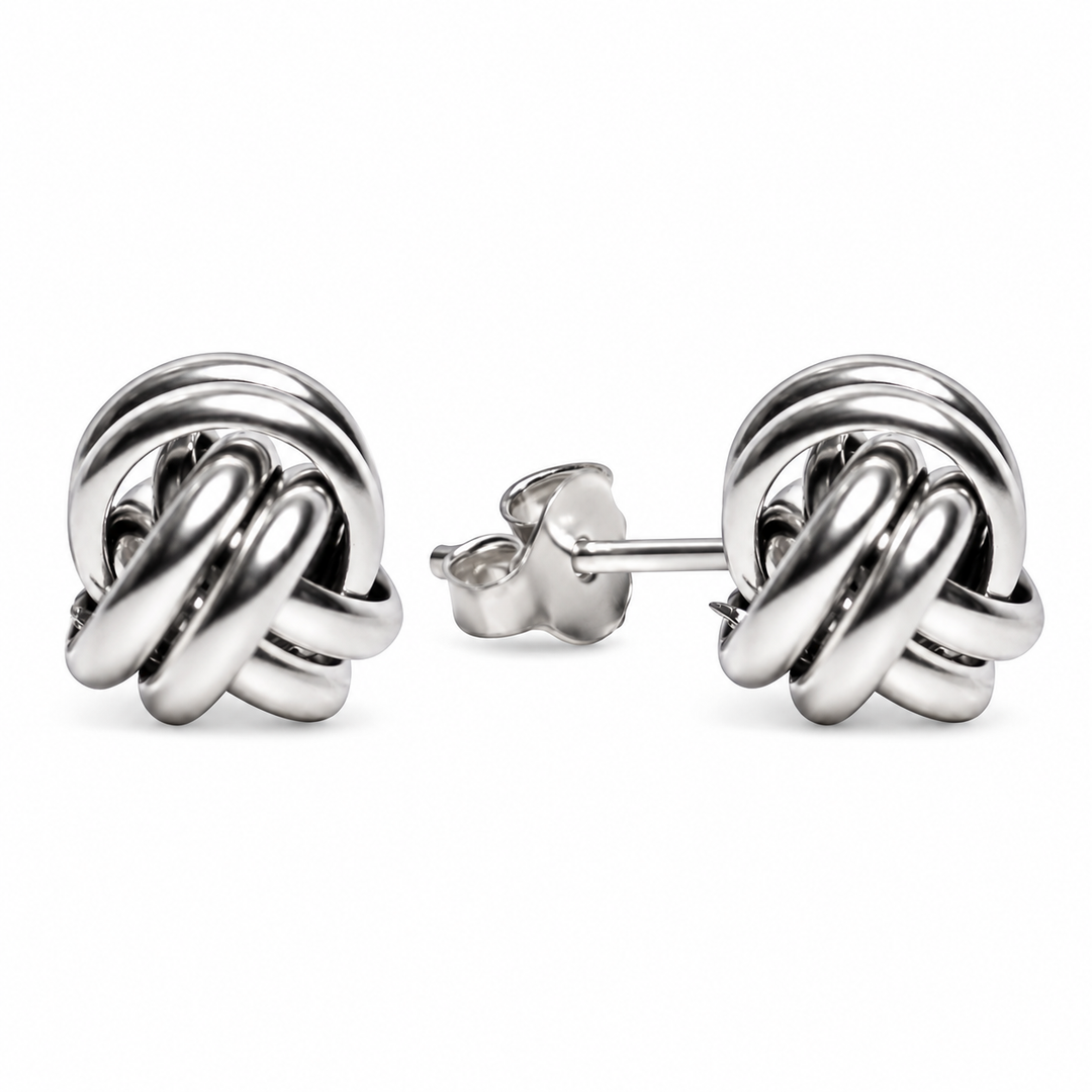 Sterling Silver Love Knot Stud Earrings – Polished 0.35 Inch Interlocking Knot Earrings with Push Backs