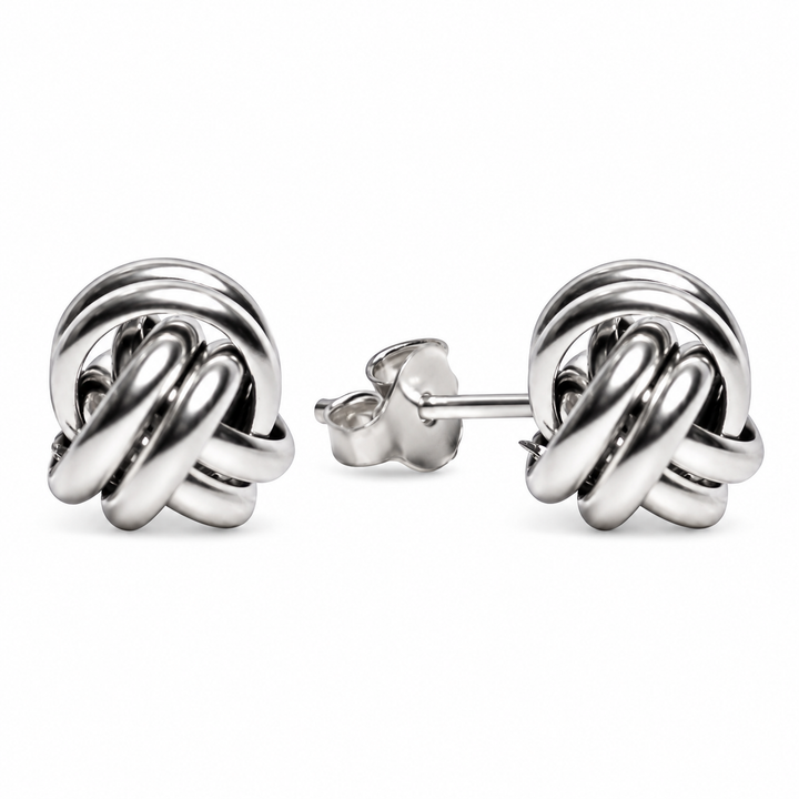 Sterling Silver Love Knot Stud Earrings – Polished 0.35 Inch Interlocking Knot Earrings with Push Backs