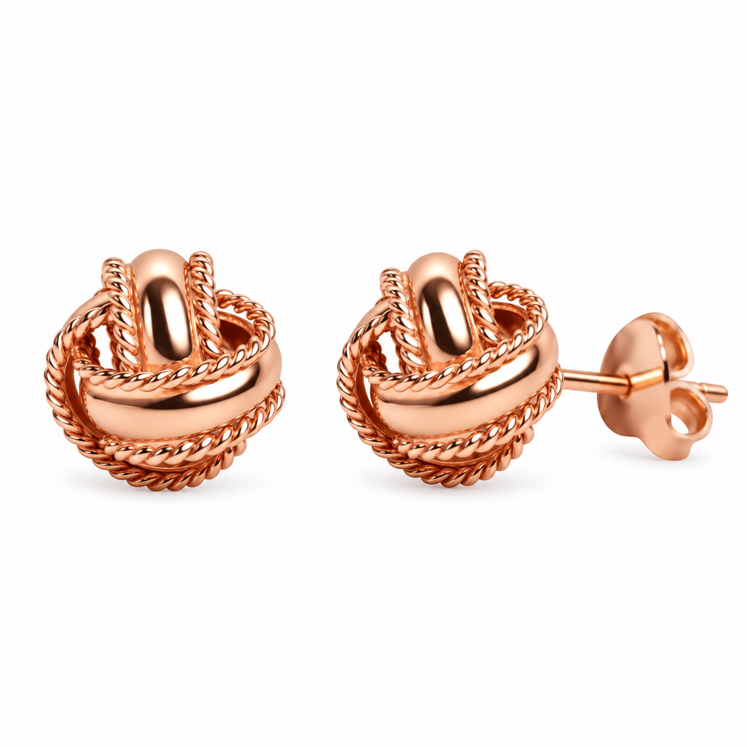 18K Rose Gold Over Sterling Silver Love Knot Stud Earrings – Textured 0.28 Inch Knot Earrings with Push Backs