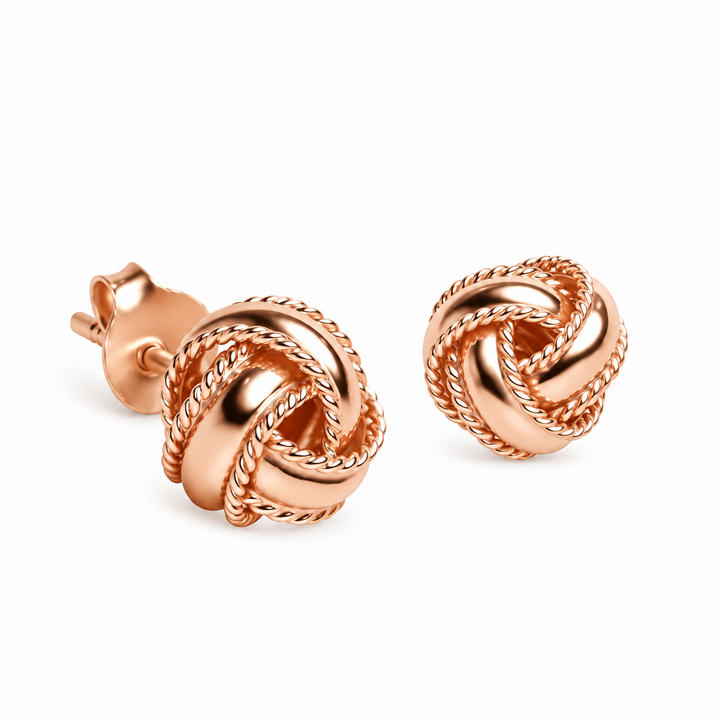 18K Rose Gold Over Sterling Silver Love Knot Stud Earrings – Textured 0.28 Inch Knot Earrings with Push Backs
