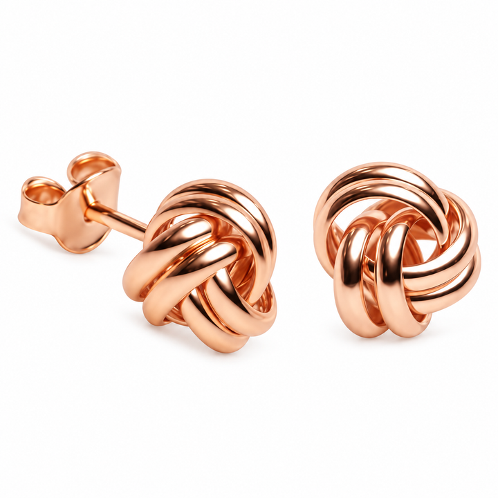 18K Rose Gold Over Sterling Silver Love Knot Stud Earrings – 0.35 Inch Polished Knot Earrings with Push-Back Closures