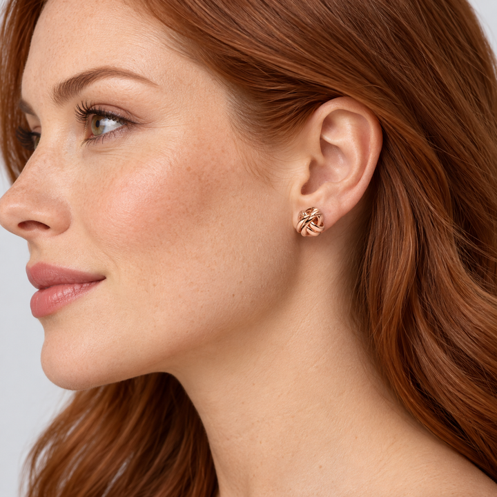 18K Rose Gold Over Sterling Silver Love Knot Stud Earrings – 0.35 Inch Polished Knot Earrings with Push-Back Closures