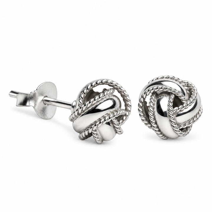 Rhodium-Plated Sterling Silver Love Knot Stud Earrings – 0.28 Inch Detailed Knot Earrings with Push-Back Closures