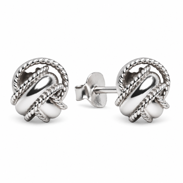 Rhodium-Plated Sterling Silver Love Knot Stud Earrings – 0.28 Inch Detailed Knot Earrings with Push-Back Closures