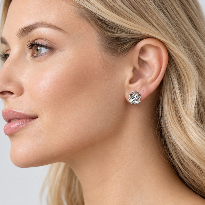Rhodium-Plated Sterling Silver Love Knot Stud Earrings – 0.28 Inch Detailed Knot Earrings with Push-Back Closures