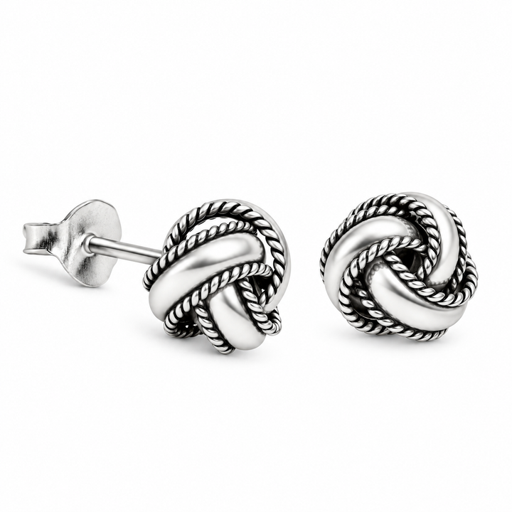 Oxidized Sterling Silver Love Knot Stud Earrings – 0.28 Inch Detailed Rope-Edge Knot Earrings with Push-Back Closures