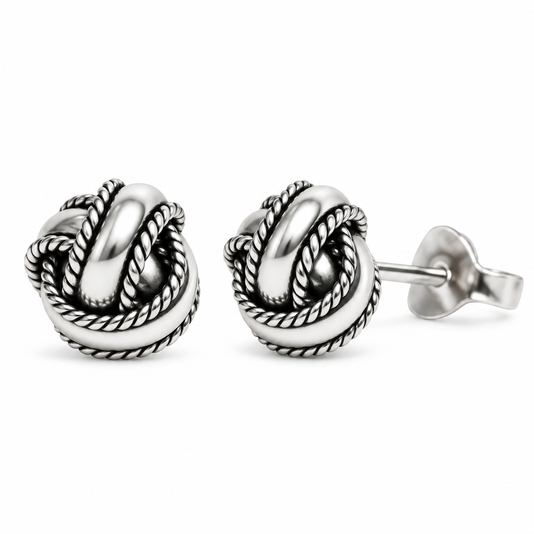Oxidized Sterling Silver Love Knot Stud Earrings – 0.28 Inch Detailed Rope-Edge Knot Earrings with Push-Back Closures