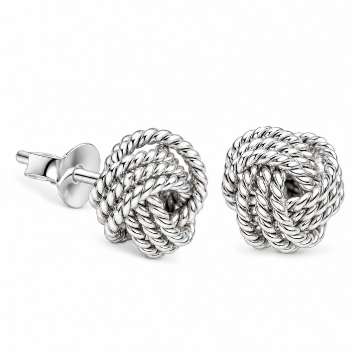 Sterling Silver Woven Love Knot Stud Earrings – 0.31 Inch Detailed Rope-Style Knot Earrings with Push-Back Closures