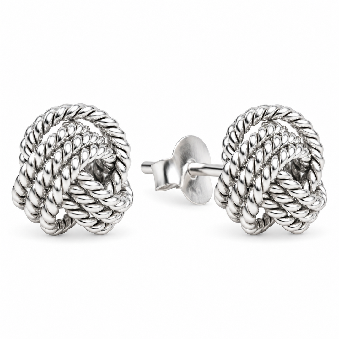 Sterling Silver Woven Love Knot Stud Earrings – 0.31 Inch Detailed Rope-Style Knot Earrings with Push-Back Closures