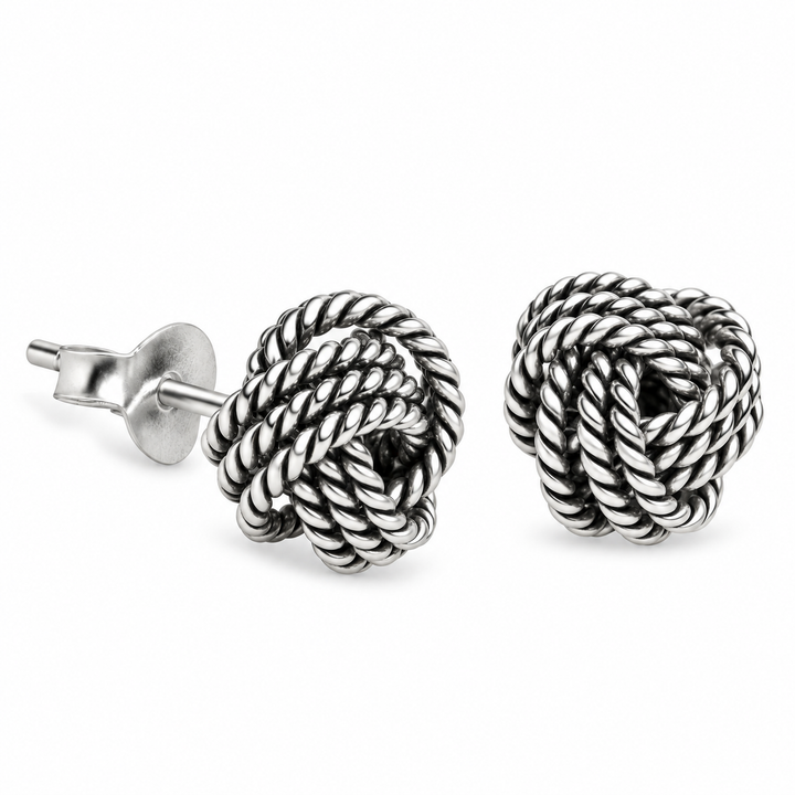 Oxidized Sterling Silver Woven Love Knot Stud Earrings – 0.31 Inch Detailed Rope Knot Earrings with Push-Back Closures
