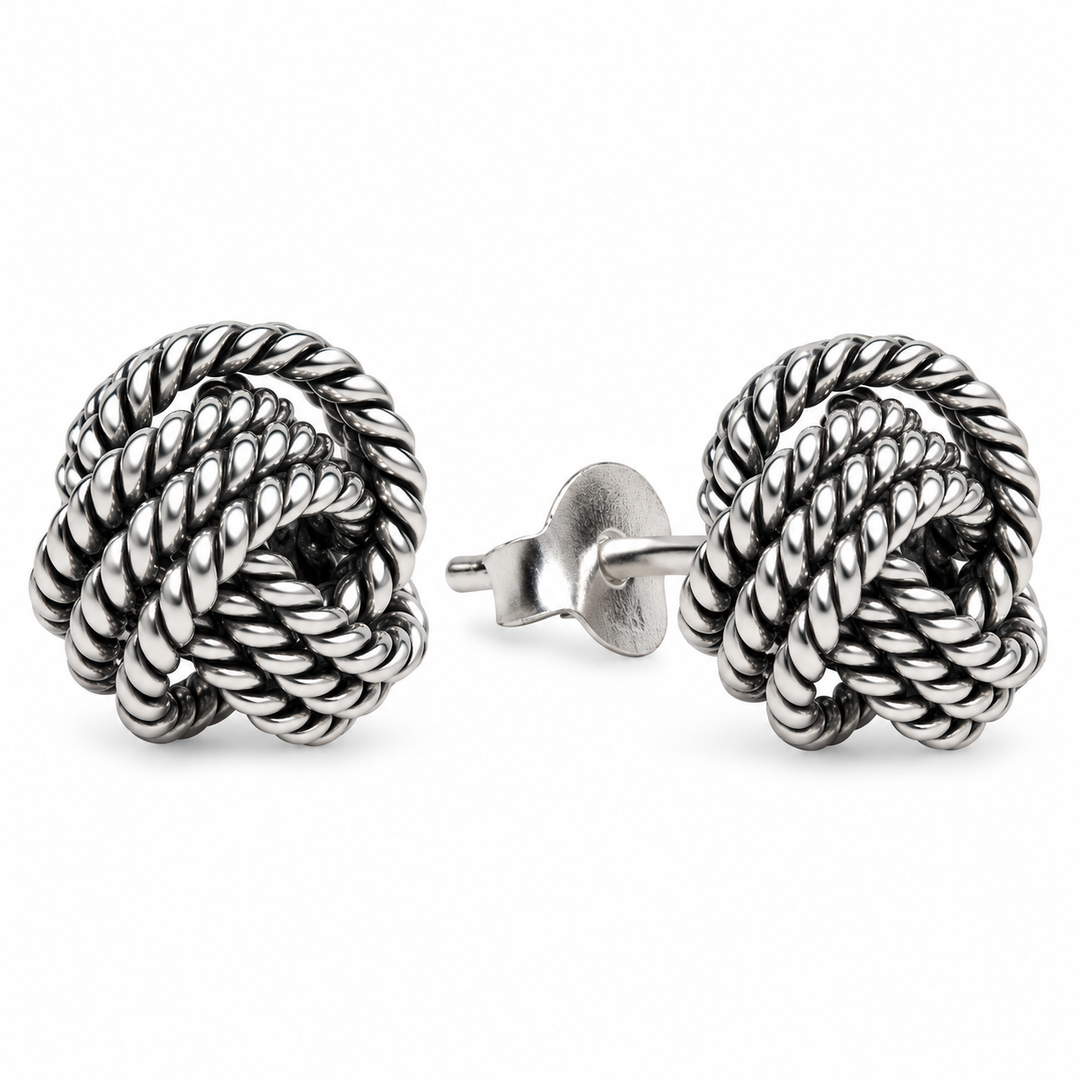Oxidized Sterling Silver Woven Love Knot Stud Earrings – 0.31 Inch Detailed Rope Knot Earrings with Push-Back Closures