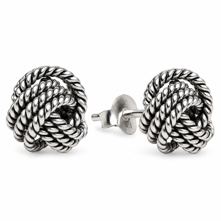 Oxidized Sterling Silver Woven Love Knot Stud Earrings – 0.31 Inch Detailed Rope Knot Earrings with Push-Back Closures
