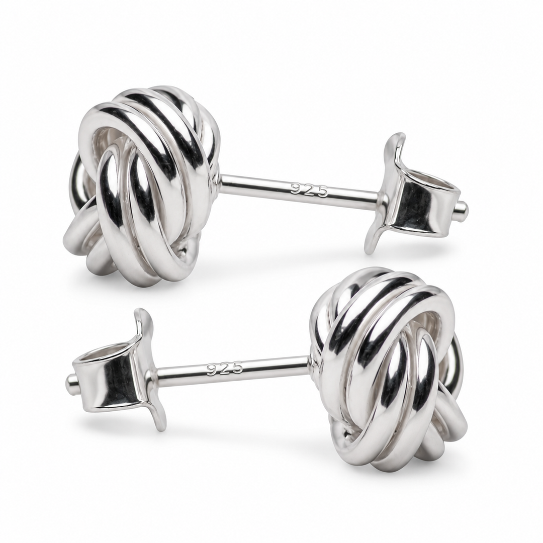 9 mm Sterling Silver Love Knot Stud Earrings – Polished Interlocking Knot Earrings with Push-Back Closures