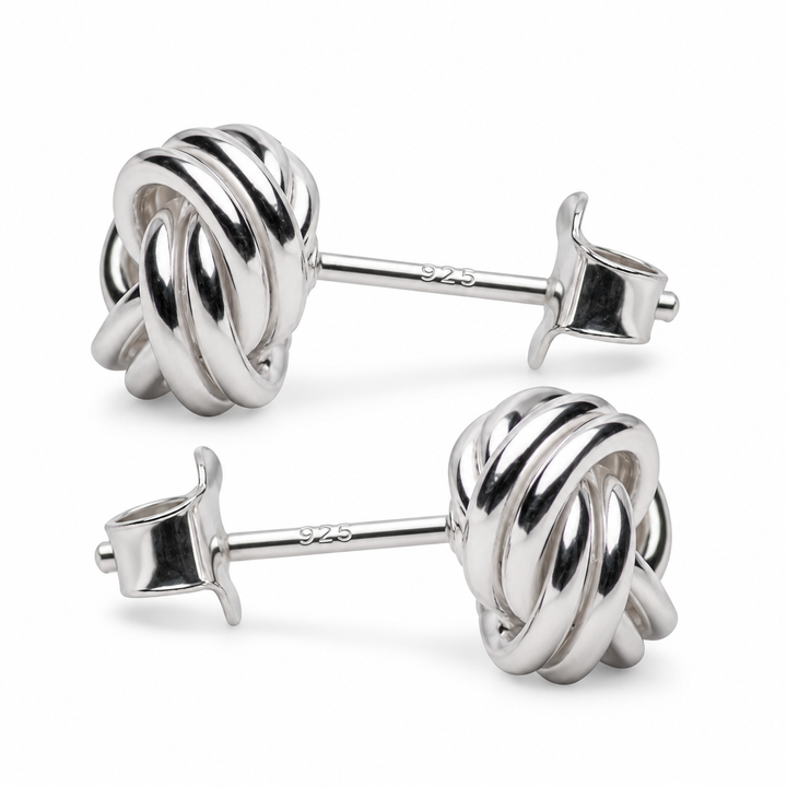 9 mm Sterling Silver Love Knot Stud Earrings – Polished Interlocking Knot Earrings with Push-Back Closures