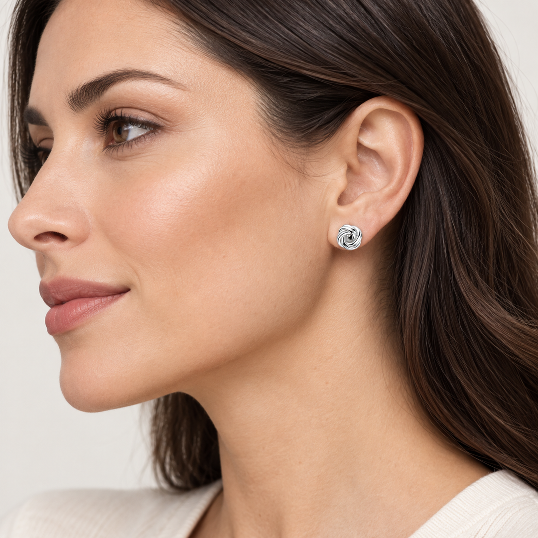 9 mm Sterling Silver Love Knot Stud Earrings – Polished Interlocking Knot Earrings with Push-Back Closures