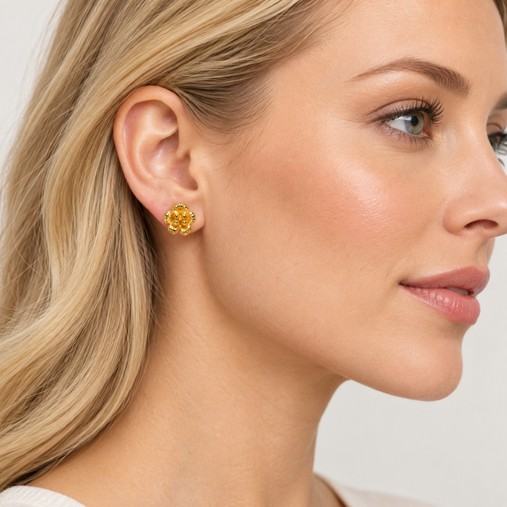 18K Yellow Gold Over Sterling Silver Blooming Flower Stud Earrings – 0.25 Inch Detailed Floral Earrings with Push-Back Closures
