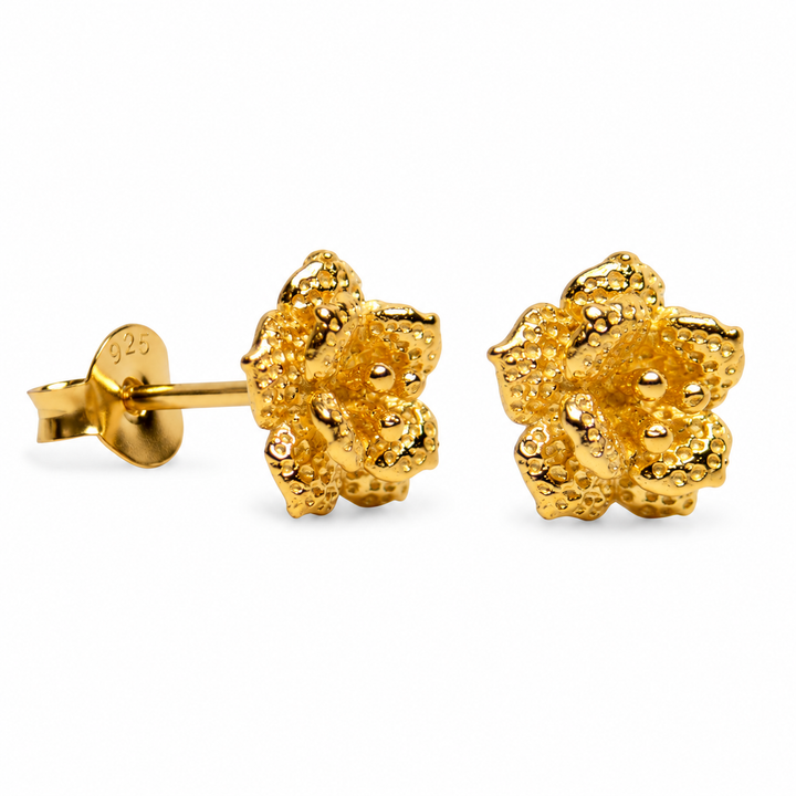 18K Yellow Gold Over Sterling Silver Blooming Flower Stud Earrings – 0.35 Inch Detailed Textured Floral Earrings with Push-Back Closures