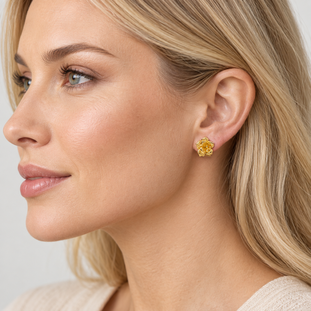 18K Yellow Gold Over Sterling Silver Blooming Flower Stud Earrings – 0.35 Inch Detailed Textured Floral Earrings with Push-Back Closures