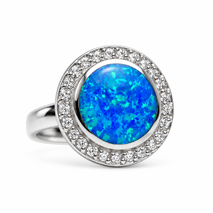 Blue Opalite Halo Ring with Diamond Simulants in Rhodium-Plated Sterling Silver – 17.5 mm Round Statement Ring