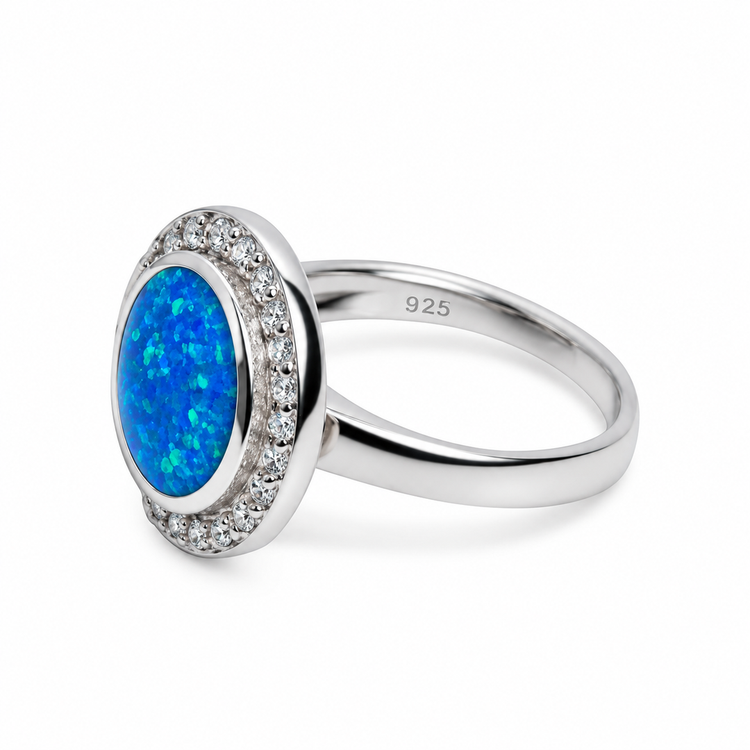 Blue Opalite Halo Ring with Diamond Simulants in Rhodium-Plated Sterling Silver – 17.5 mm Round Statement Ring