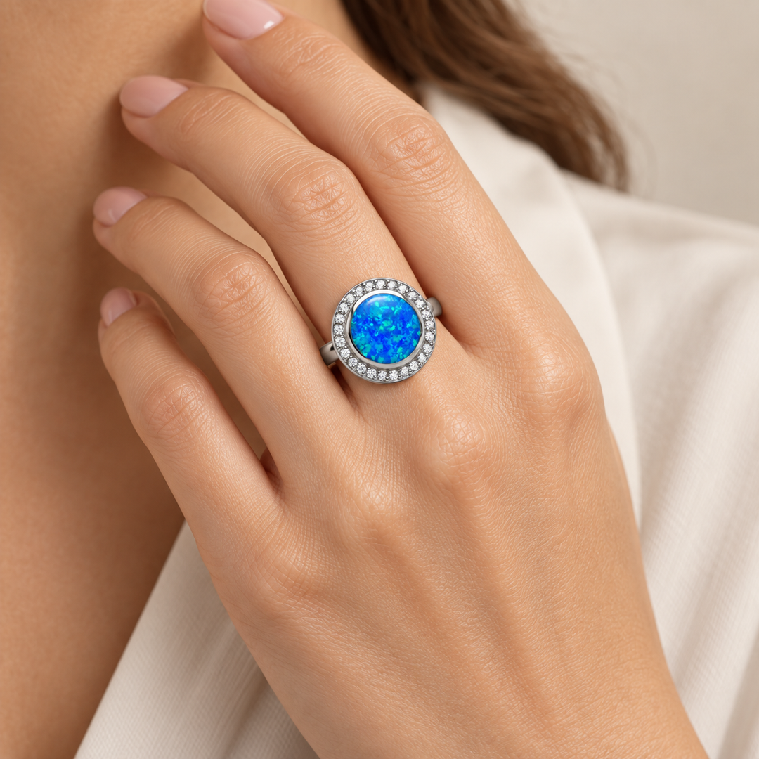 Blue Opalite Halo Ring with Diamond Simulants in Rhodium-Plated Sterling Silver – 17.5 mm Round Statement Ring