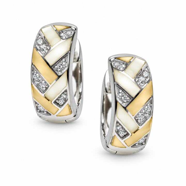 Gold Mother of Pearl and Diamond Simulant Woven Huggie Hoop Earrings in Rhodium-Plated Sterling Silver – 0.60 Inch