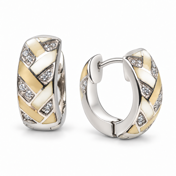 Gold Mother of Pearl and Diamond Simulant Woven Huggie Hoop Earrings in Rhodium-Plated Sterling Silver – 0.60 Inch